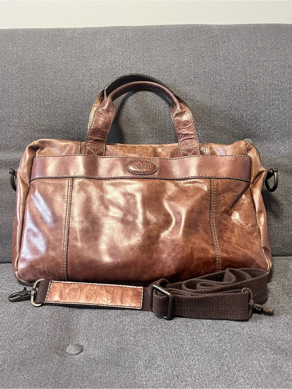 Fossil VTG 16” Brown Leather Satchel Crossbody Bag Messenger Computer Briefcase